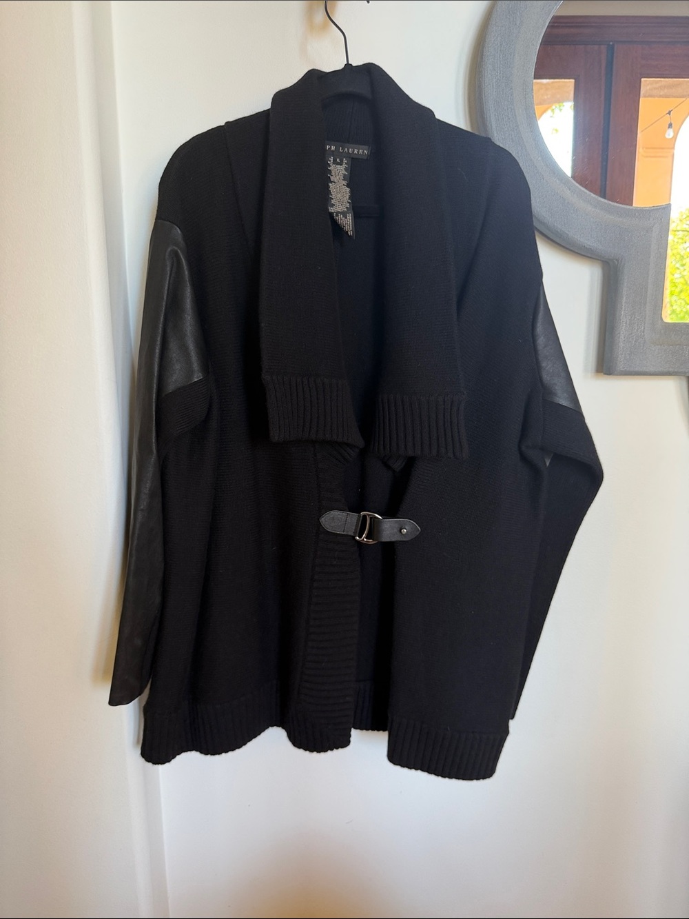 Ralph Lauren Black Shawl-Collar Cardigan with Faux Leather Elbow Panels